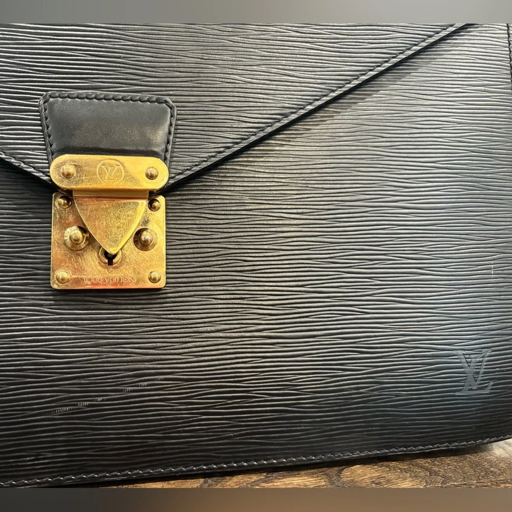 Louis Vuitton Black Epi Leather “Serviette Fermoir” Briefcase with Gold Accents